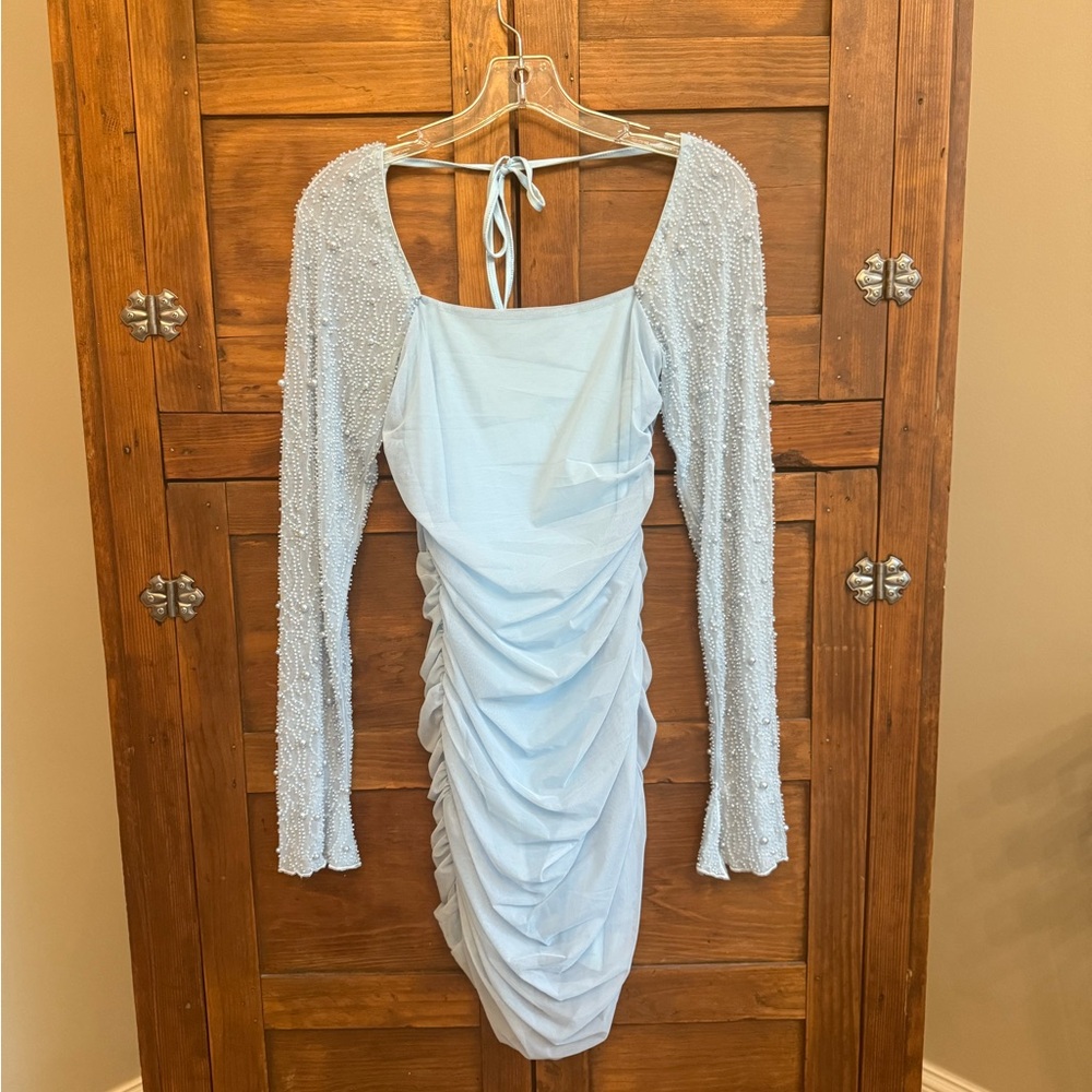 Velvi Light Blue Long Sleeve Mini Ruched Dress - Small - NWT